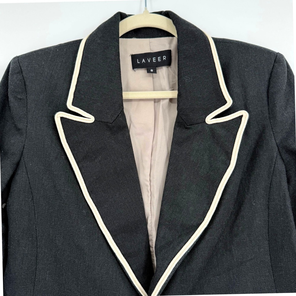 Laveer Womens Black White Greek Key Trim Blazer Jacket Coat Size 8 - Picture 2 of 11